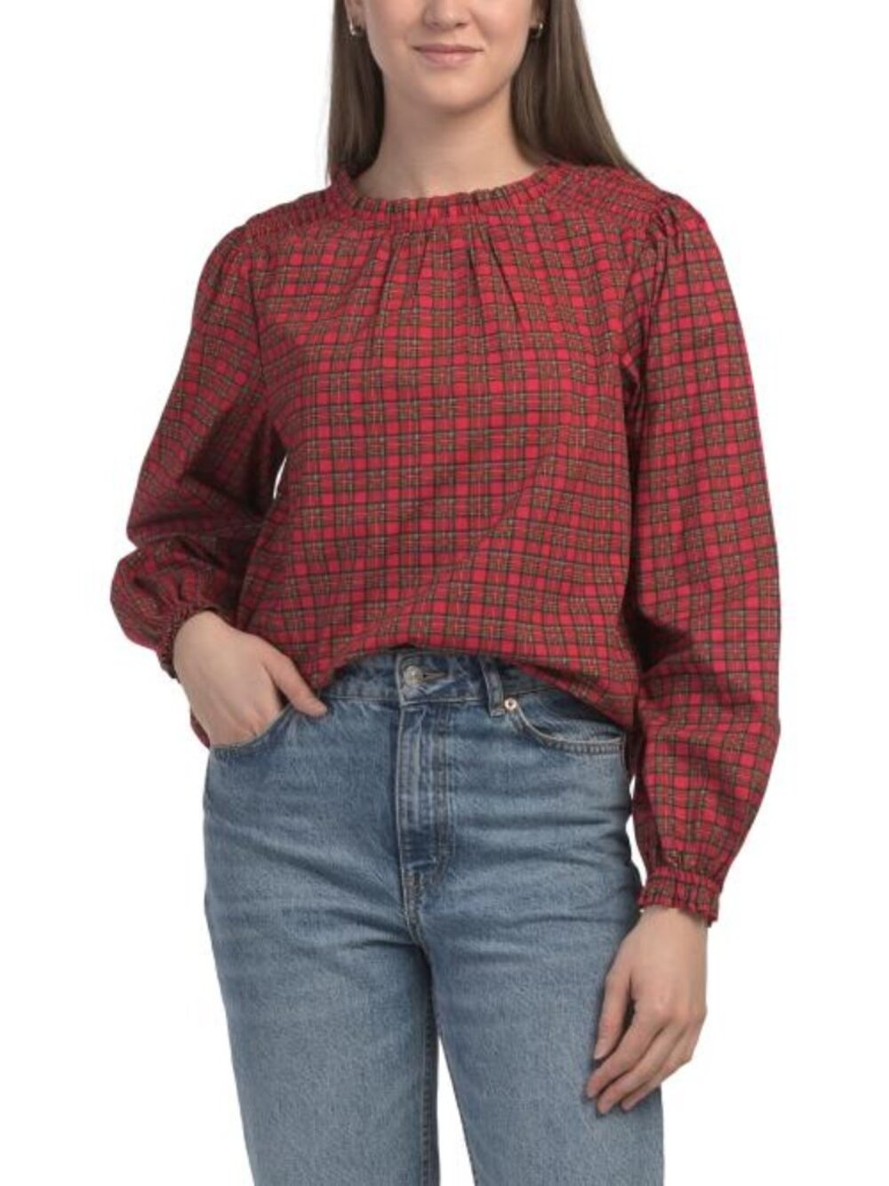 LEA Holiday Long Sleeve Flutter Plaid Top
